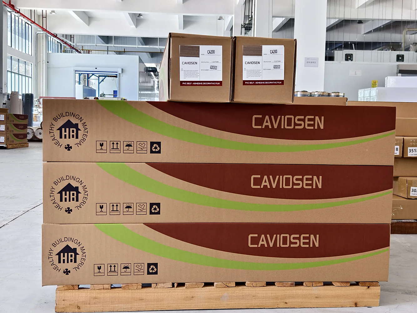 CAVIOSEN interior film supplier export cartons and product-code labels