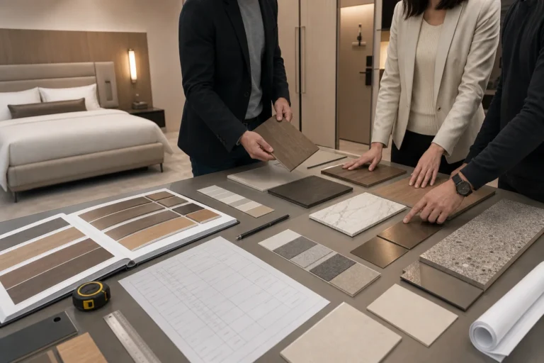 Hotel renovation team reviewing architectural interior film finish samples